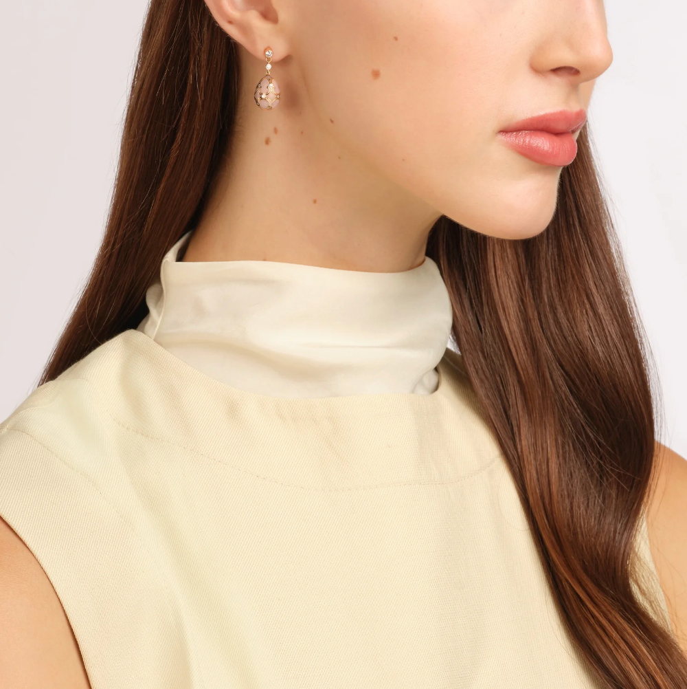 Fabergé Heritage Rose Gold Diamond & Pink Guilloché Enamel Egg Drop Earrings