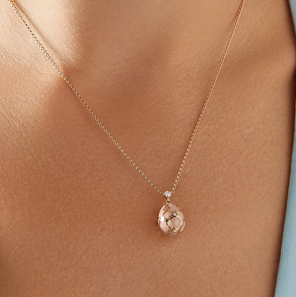 Fabergé Heritage Rose Gold Diamond & Pink Guilloché Enamel Petite Egg Pendant