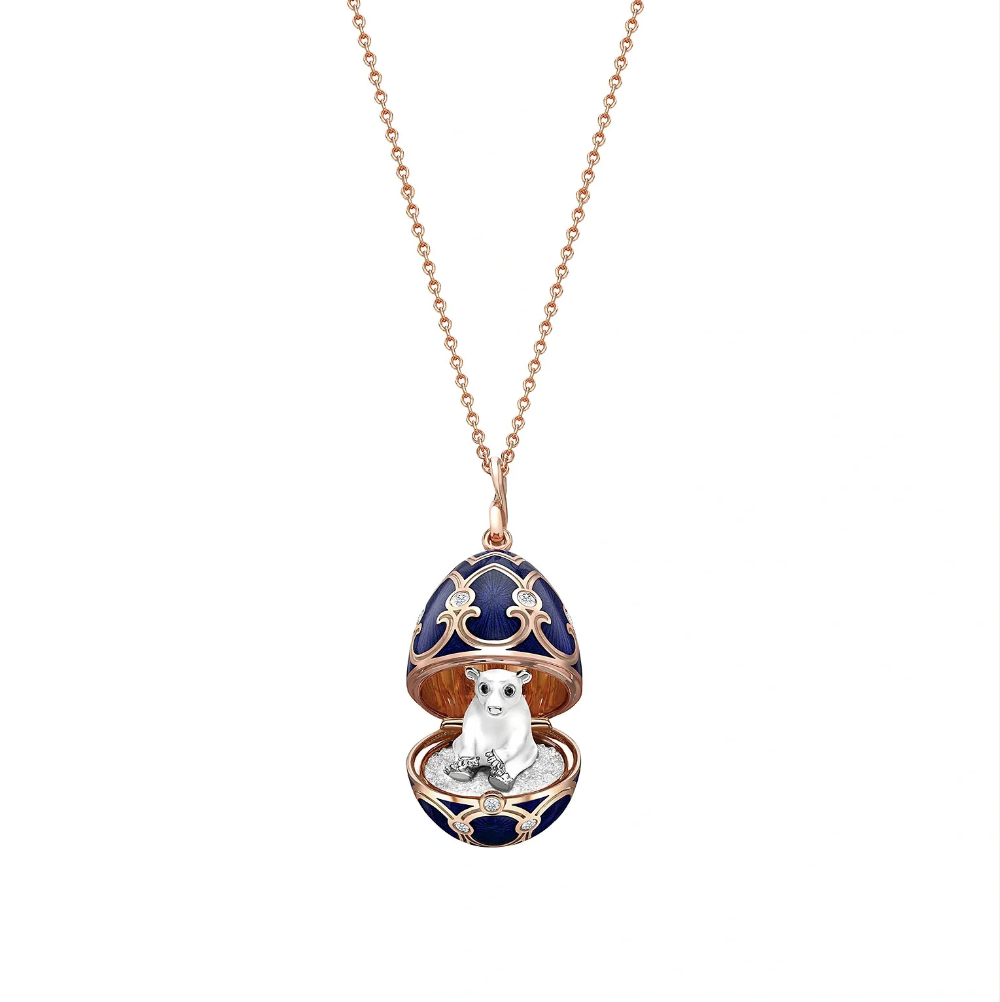 Fabergé Heritage Rose Gold Dark Blue Guilloché Enamel Polar Bear Surprise Locket
