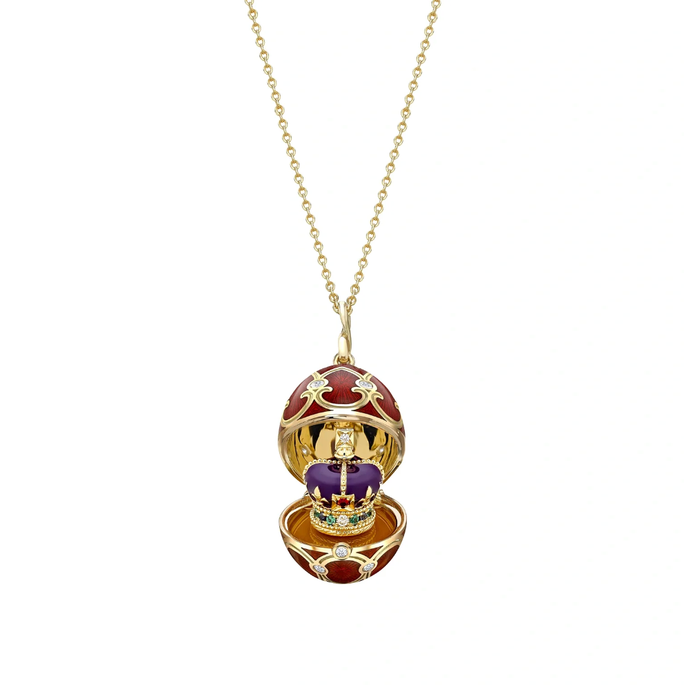 Fabergé Heritage Yellow Gold Diamond & Red Guilloche Enamel Coronation Crown Surprise Locket