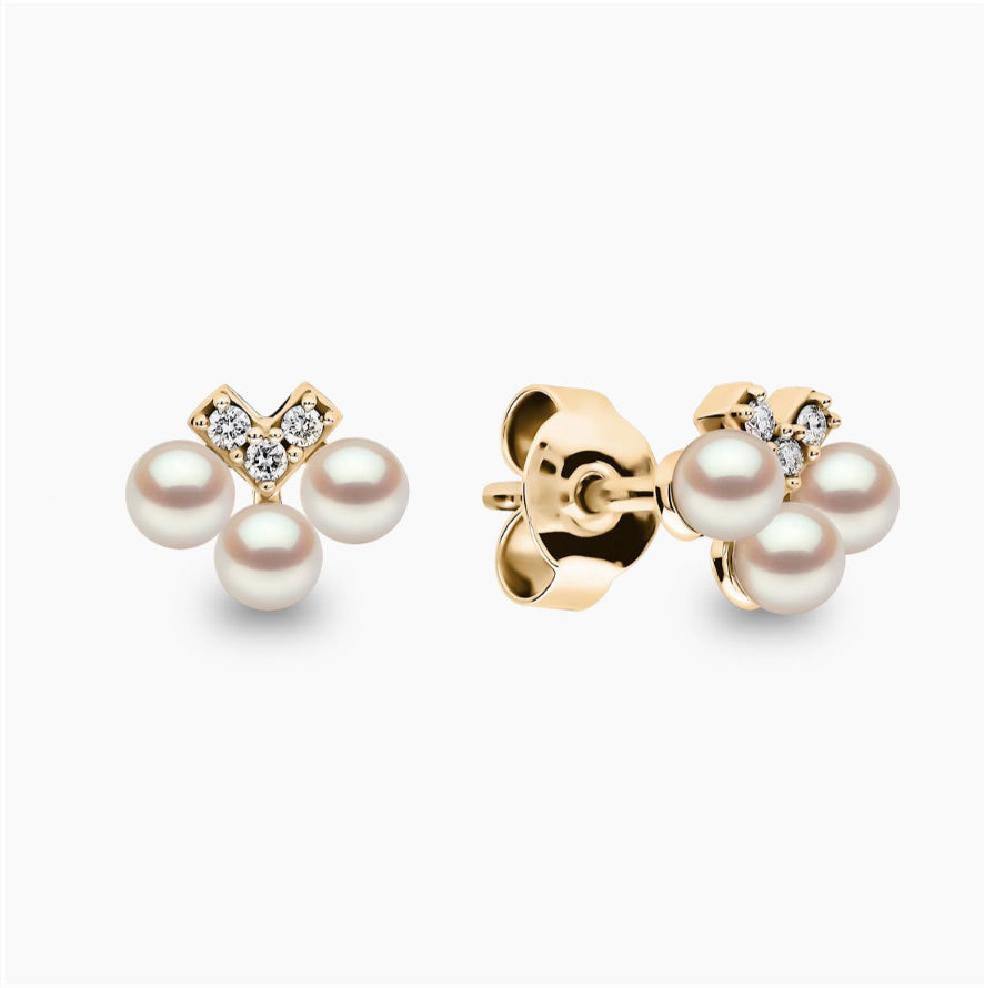 18K Yellow Gold Akoya Pearl & Diamond Stud Earrings