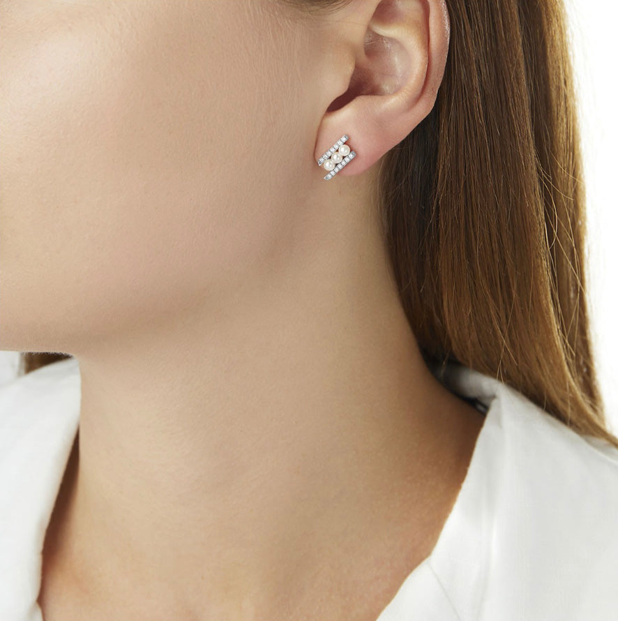 18K White Gold Akoya Pearl & Diamond Stud Earrings