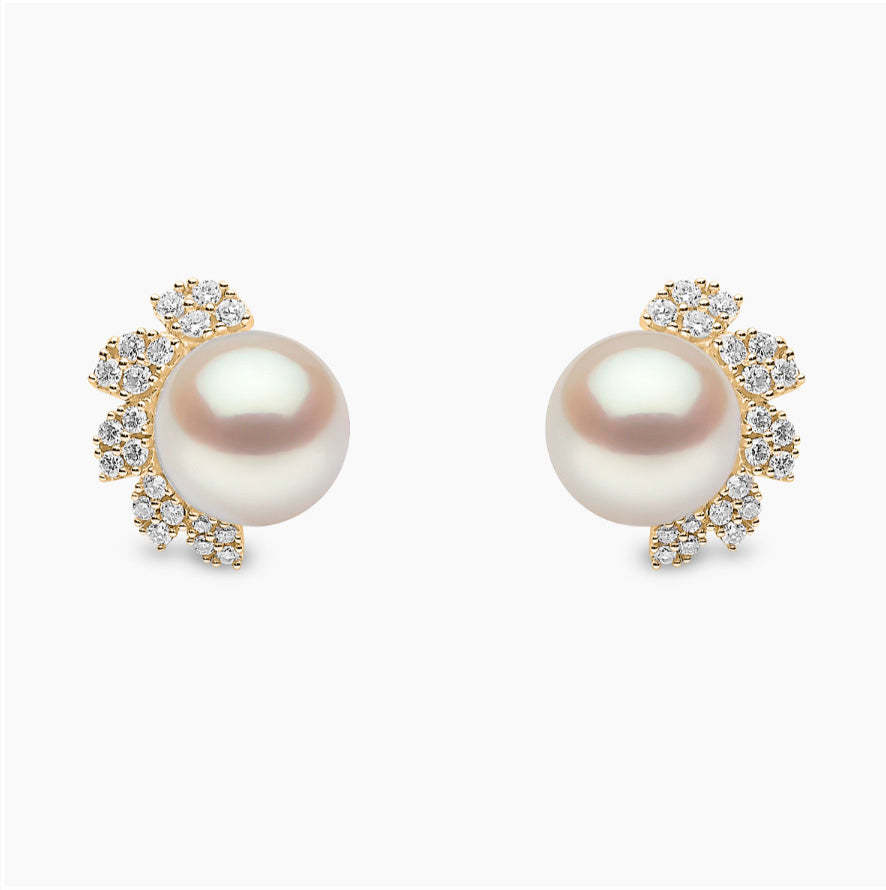 18K Yellow Gold Freshwater Pearl & Diamond Stud Earrings