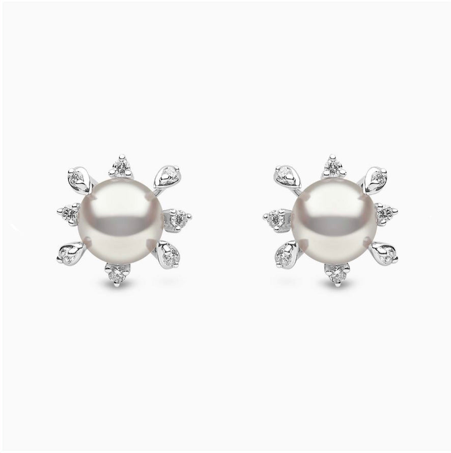 18K White Gold Freshwater Pearl & Diamond Stud Earrings