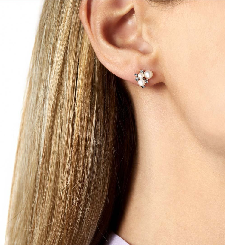 18K White Gold Freshwater Pearl & Diamond Stud Earrings
