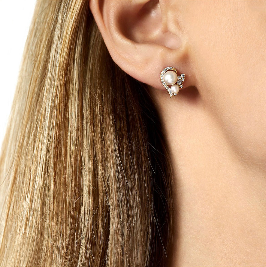 18K Yellow Gold Freshwater Pearl & Diamond Stud Earrings