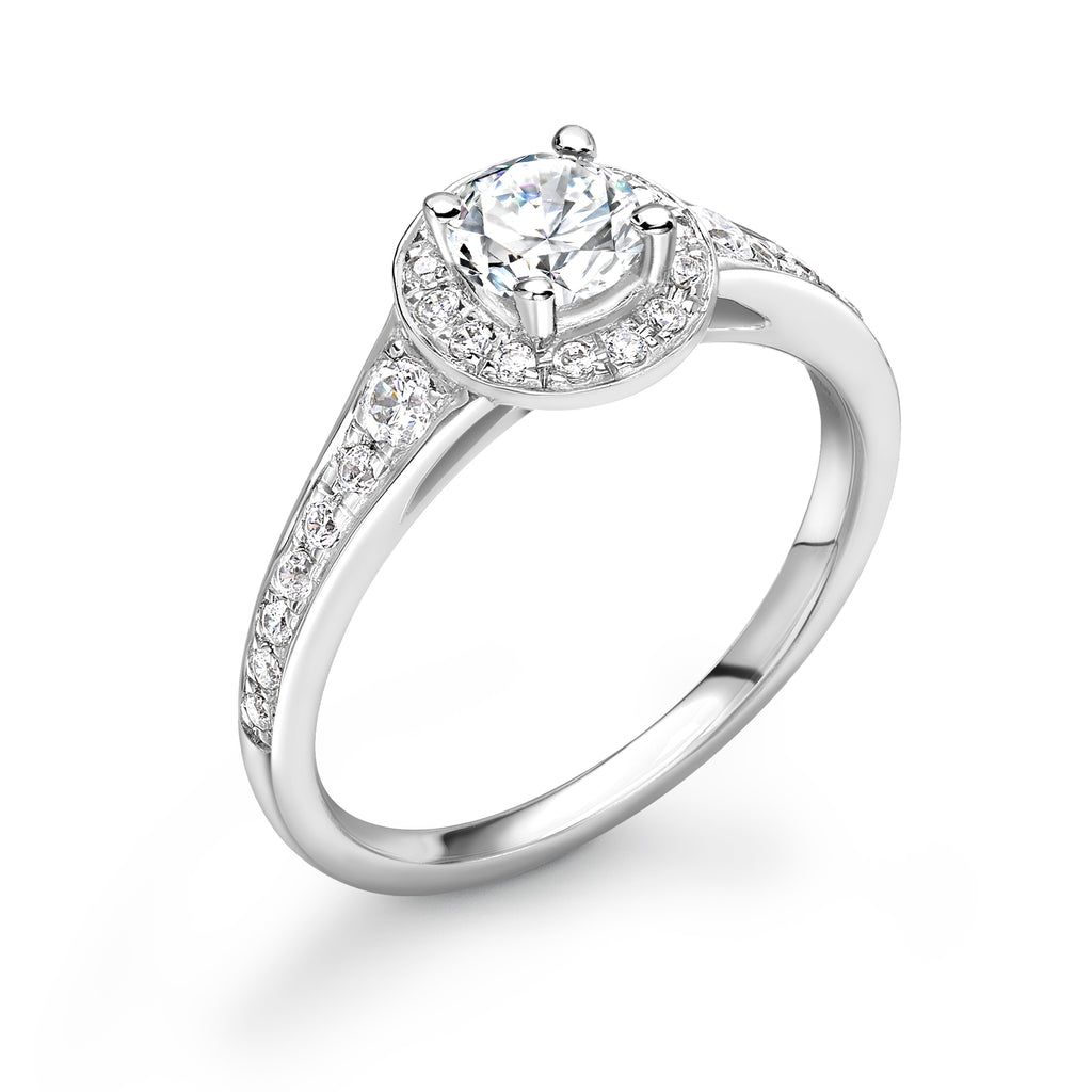 Maya - Round Brilliant Halo, Shoulder Set Ring
